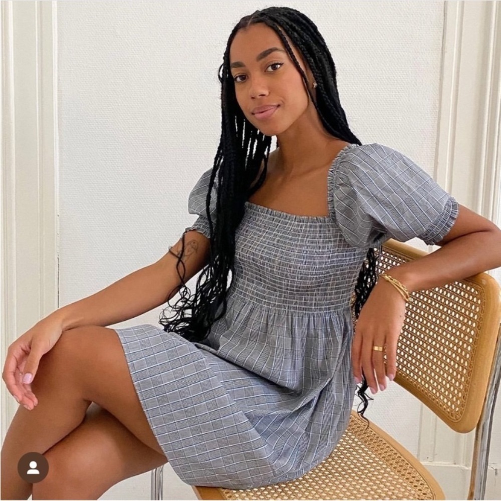 Hill House The Athena Nap Dress Plaid Grey Babydoll Smocked Blue Puff Sleeves
